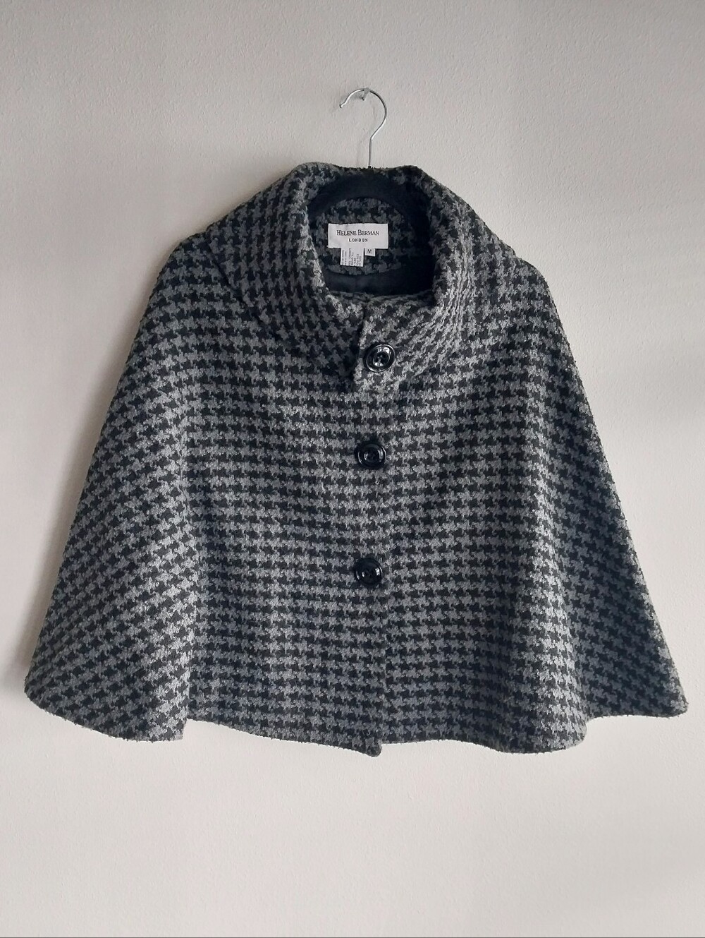 Helene Berman Vintage Black & Gray Houndstooth Cowl Neck Button Front Cape
